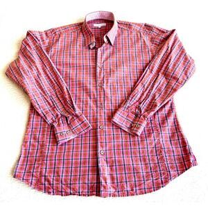 Jared Lang Dress Shirt Men's Pink Plaid Flip Cuff Button Size XL Roll Tab Sleeve